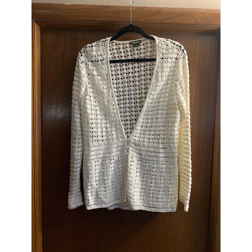 Eddie Bauer Womens XL Crochet Cardigan Cream Open Knit Boho Lightweight